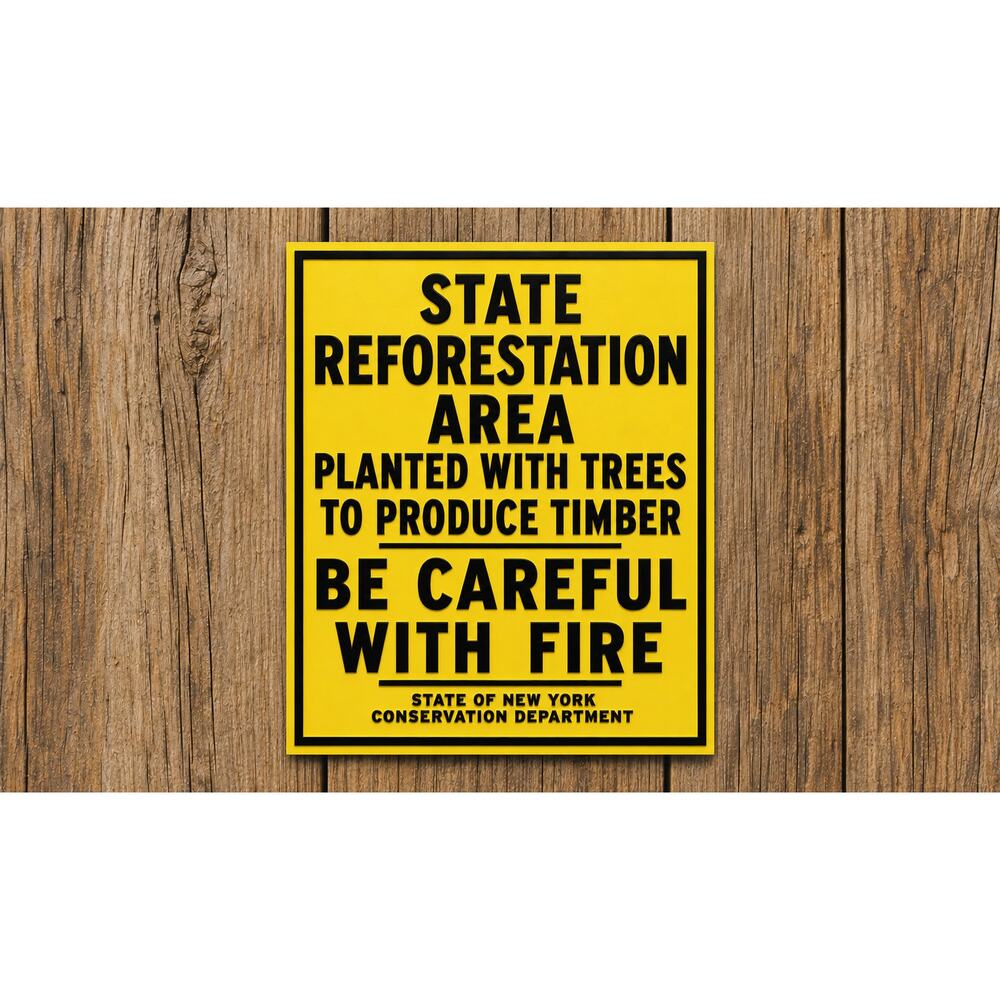 New York State Reforestation Area Sign Timber Careful With Fire Conservation DNR
